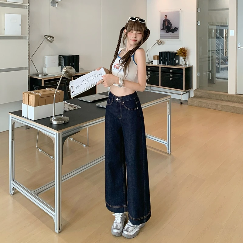 新款高腰水洗常规厚度其他100%面料女丹宁色阔腿长裤牛仔裤小个子