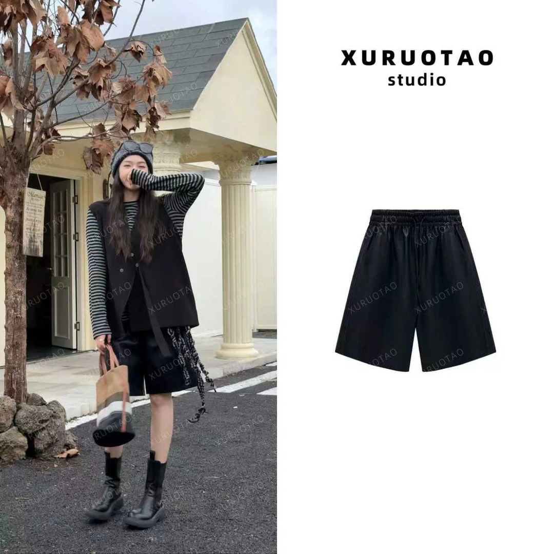 XURUOTAO 【加分皮中裤】百搭松紧腰抽绳设计显瘦黑色皮裤 T5555