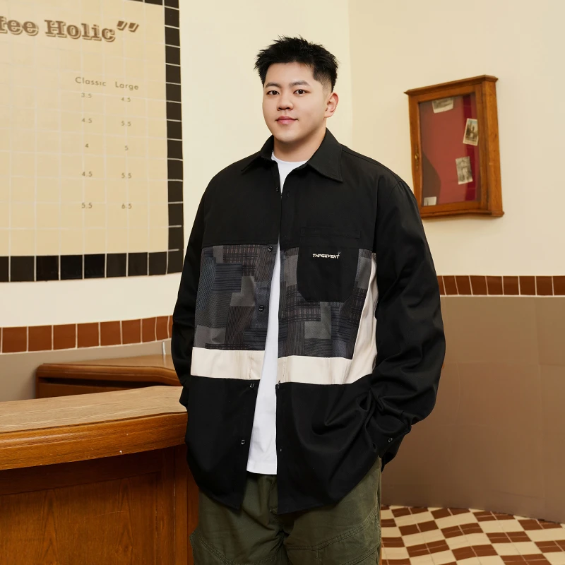 THE PANG潮牌大码男装2025春胖子休闲拼接长袖衬衫男宽松加肥加大