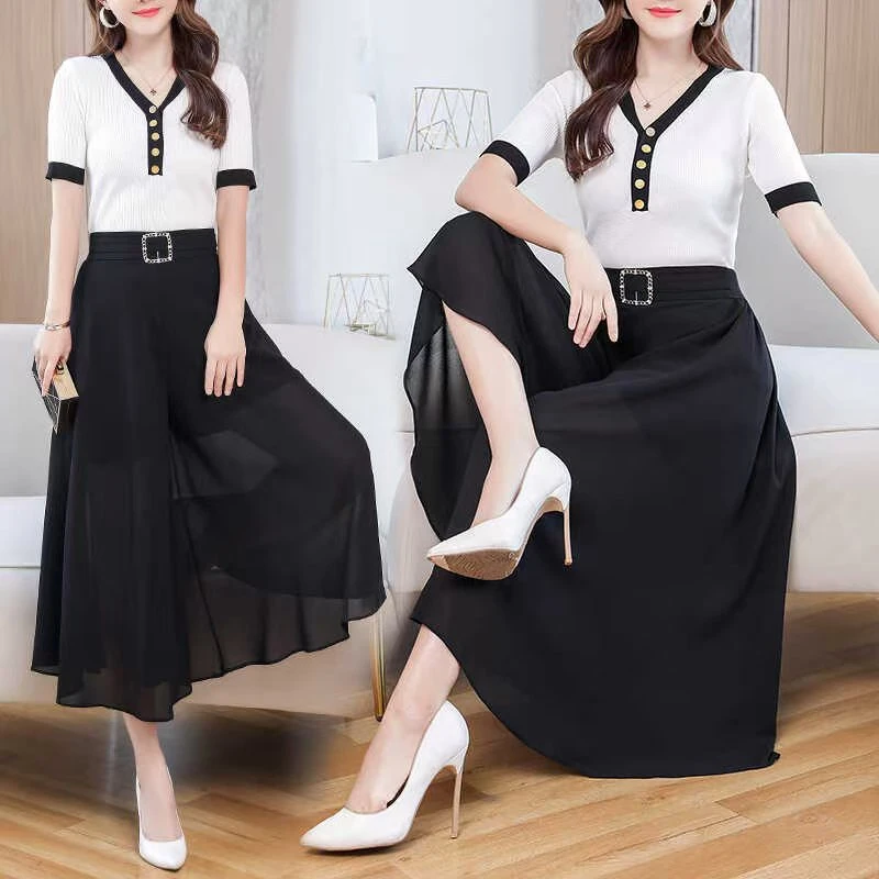 夏季雪纺阔腿裤裙高腰显瘦大码半身裙裤中长款宽松大摆裙女裤垂感