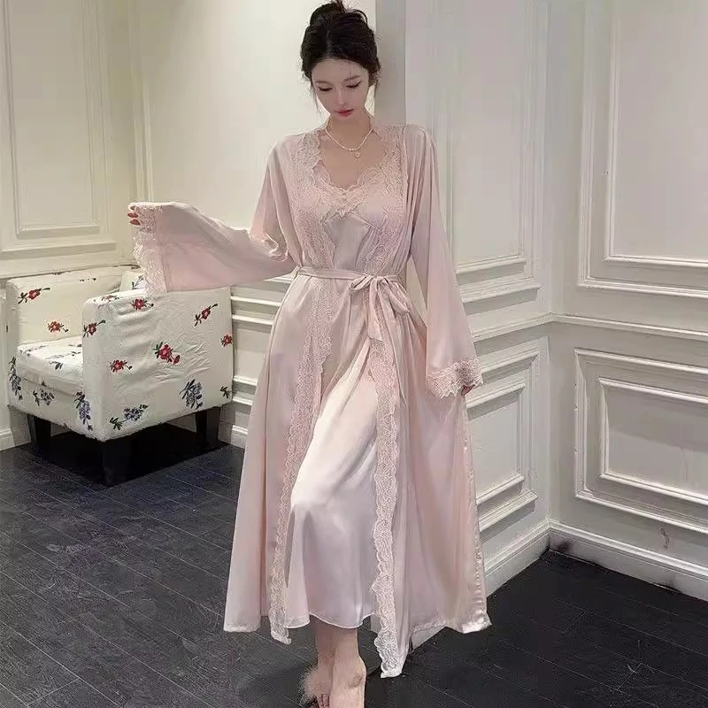 春夏新款睡衣性感蕾丝吊带睡裙法式长袖浴袍长裙两件套晨袍送胸垫