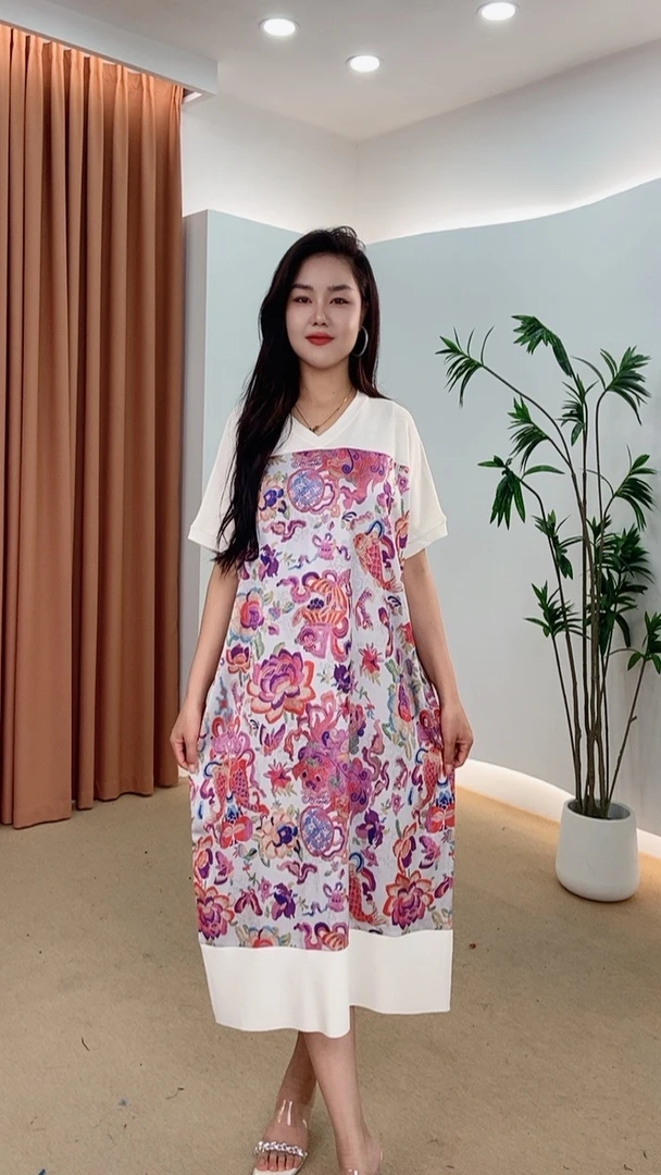 080号女装复古夏季气质优雅印花连衣裙显瘦气质大摆裙长款时尚