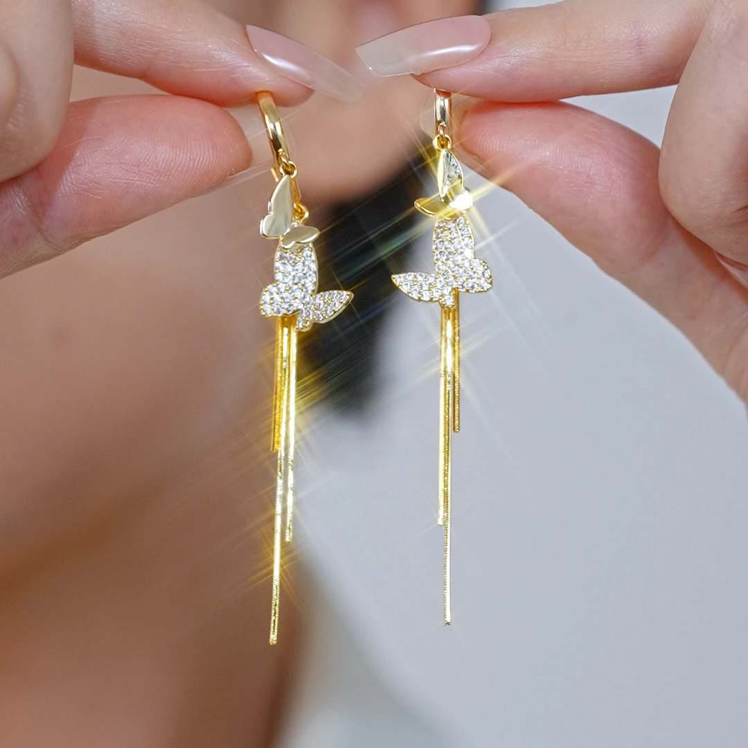 铜合金无非金属耳饰 三生蝶轻奢简约古风流苏小众原创设计耳环