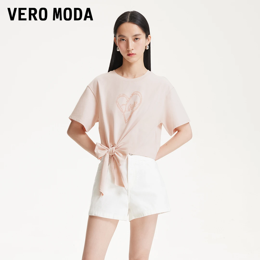 Vero ModaT恤女25春商场同款新品欧若风下摆绑带亮片爱325101013