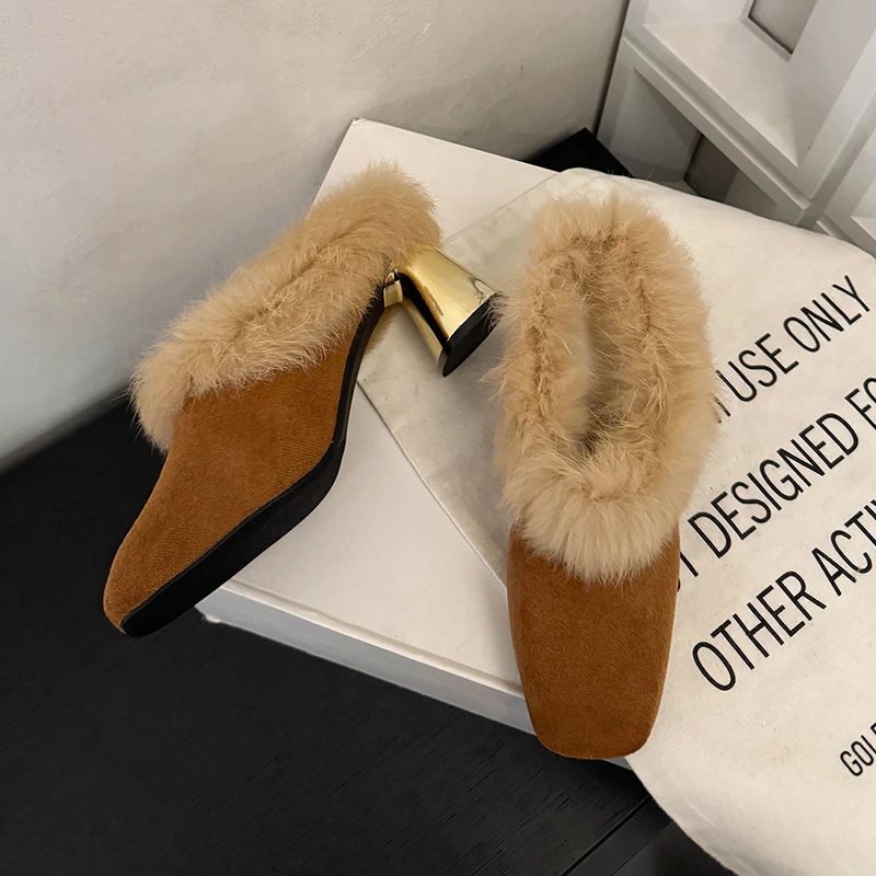 2025粗跟毛毛拖鞋女秋冬外穿高跟包头半拖毛拖粗跟女鞋时尚穆勒鞋