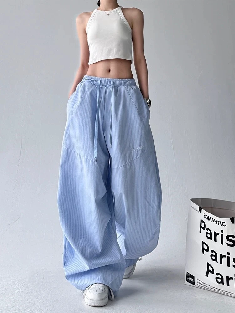 美式潮牌条纹弯刀阔腿裤女2025新款宽松直筒显瘦跳舞休闲工装裤子