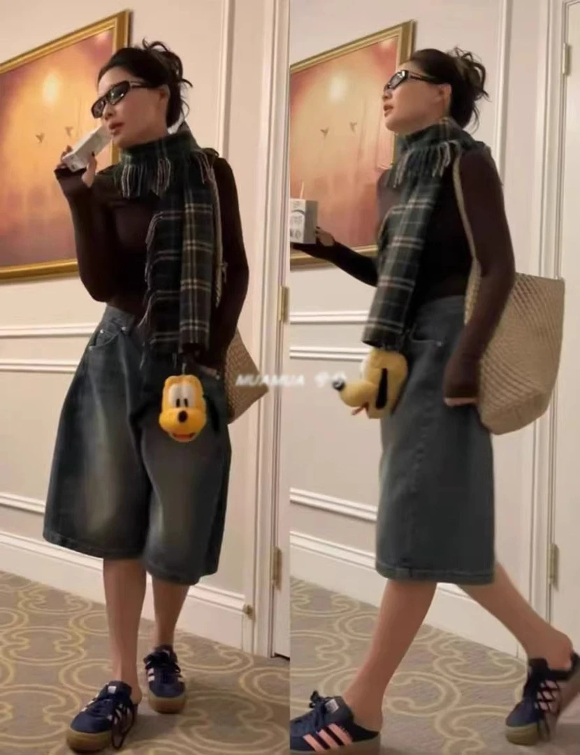 美式复古牛仔短裤女春夏廓形水洗做旧直筒中裤宽松垂感阔腿五分裤