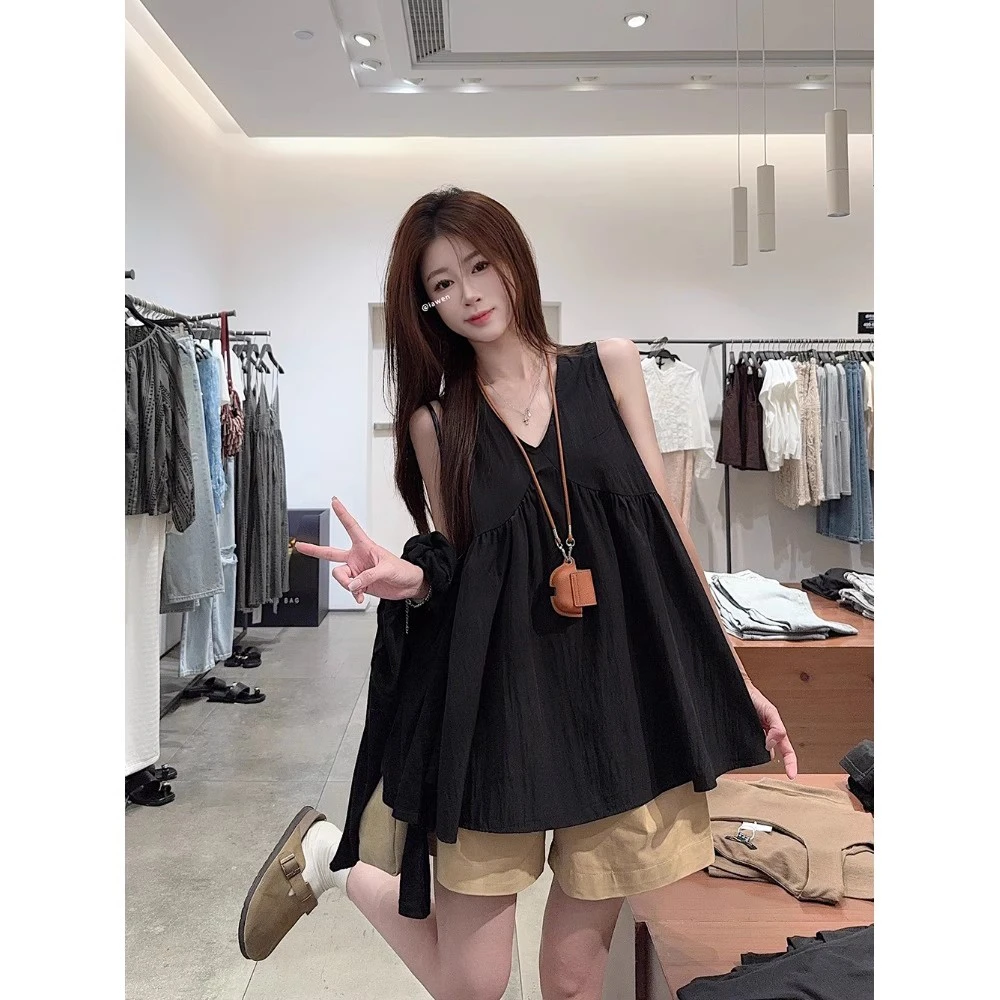 超好看中长款黑色背心女夏季2025新款设计感小个子无袖V领上衣服