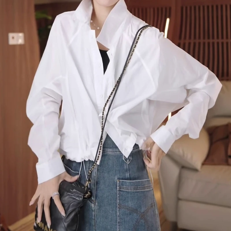 翻领白色衬衫女2025秋季薄款复古设计感小众长袖衬衣时尚简约上衣