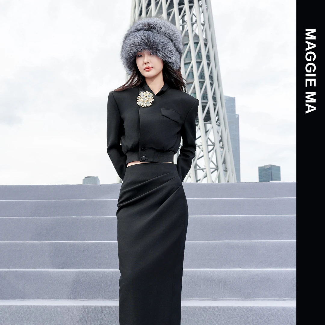 MAGGIE MA马婧设计师款黑色小立领内敛干练收腰套装裙595C/637B