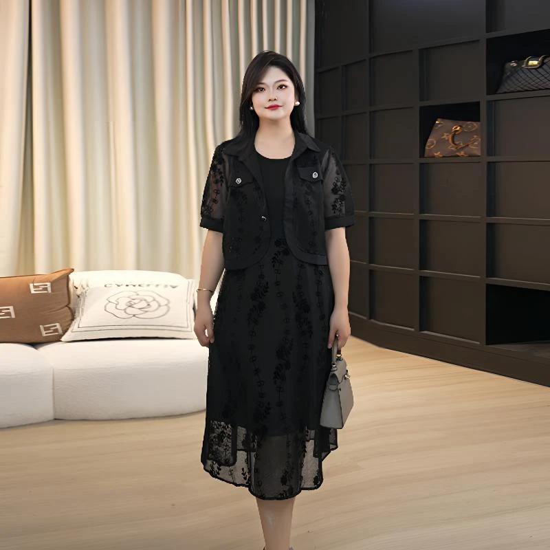 伊自尚【夏日繁花】大码女装夏季新品显瘦两件套连衣裙13133-4-15