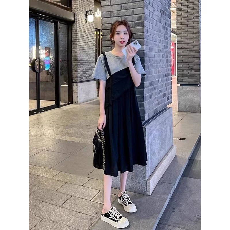 大码300斤夏季新款法式气质时髦假两件拼接宽松休闲短袖连衣裙女