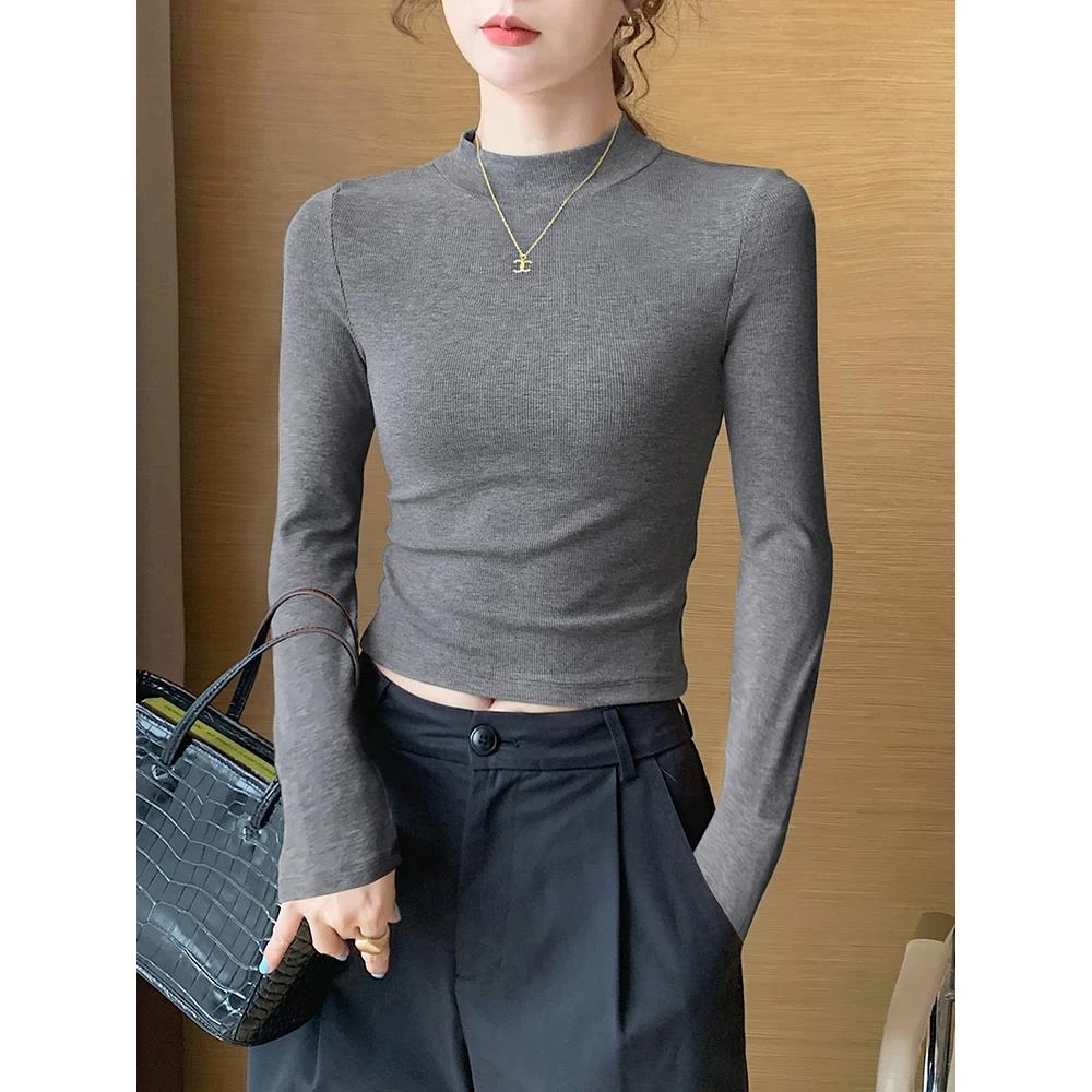 短款半高领打底衫女内搭春秋季2025新款修身紧身洋气高腰露脐上衣