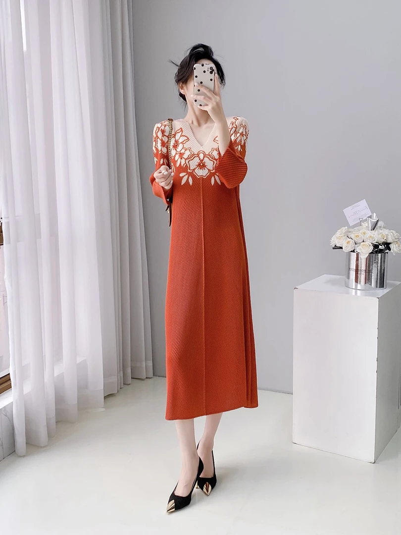 【文文家】SK239&SK240轻奢女装#V领拼色印花九分袖连衣裙