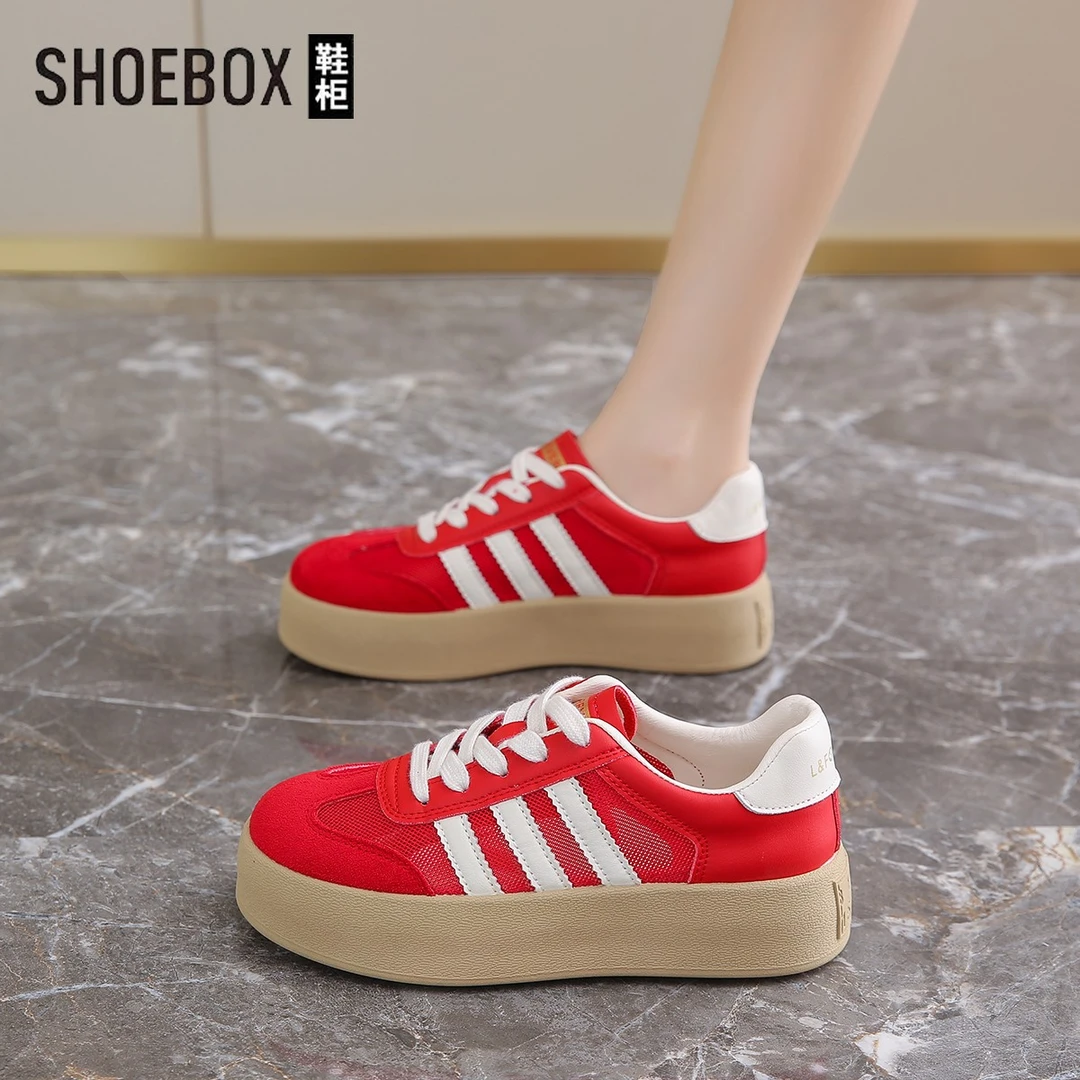 SHOEBOX鞋柜厚底红色阿甘德训鞋女2025夏新款透气网面运动板鞋女
