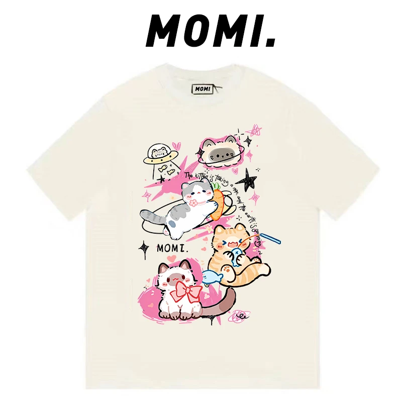 【MOMI】现货！顽皮猫咪 260克纯棉重磅短袖女宽松休闲百搭T恤男