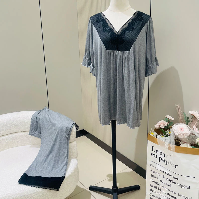 【双V领】半袖九分裤加大码胖妹妹女士套装睡衣夏季宽松时尚短袖
