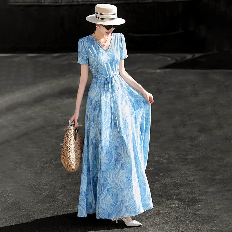 MEXCOCO/兰瑟儿夏季新款法式V领印花收腰显瘦大摆连衣裙775XL2730