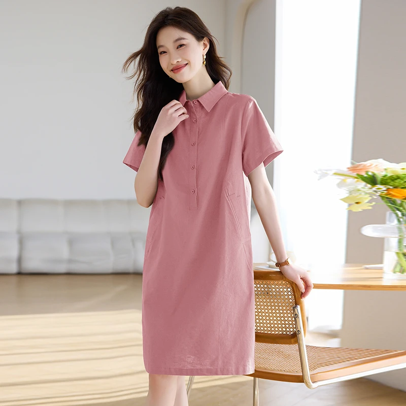 休闲时尚棉麻连衣裙女夏季新款2025洋气减龄高级感妈妈小个子裙子