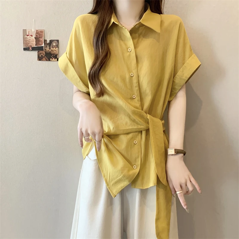 港风短袖打底衬衫女夏装新款大码胖mm显瘦不规则系带收腰遮肚上衣