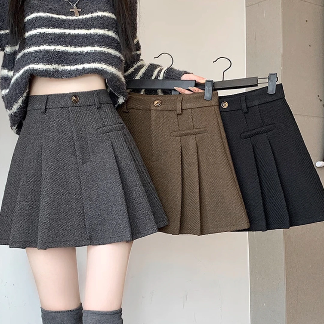 灰色加厚毛呢百褶半身裙秋冬新款高腰显瘦小个子a字裙子