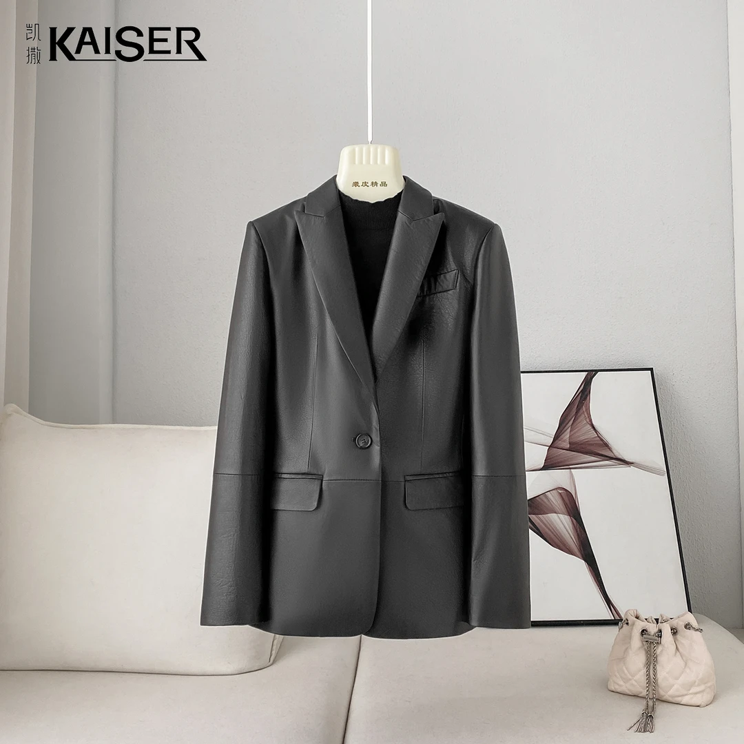 KAISER/凯撒5P2135新款绵羊皮无涂层皮衣 黑色百搭    西装领外套