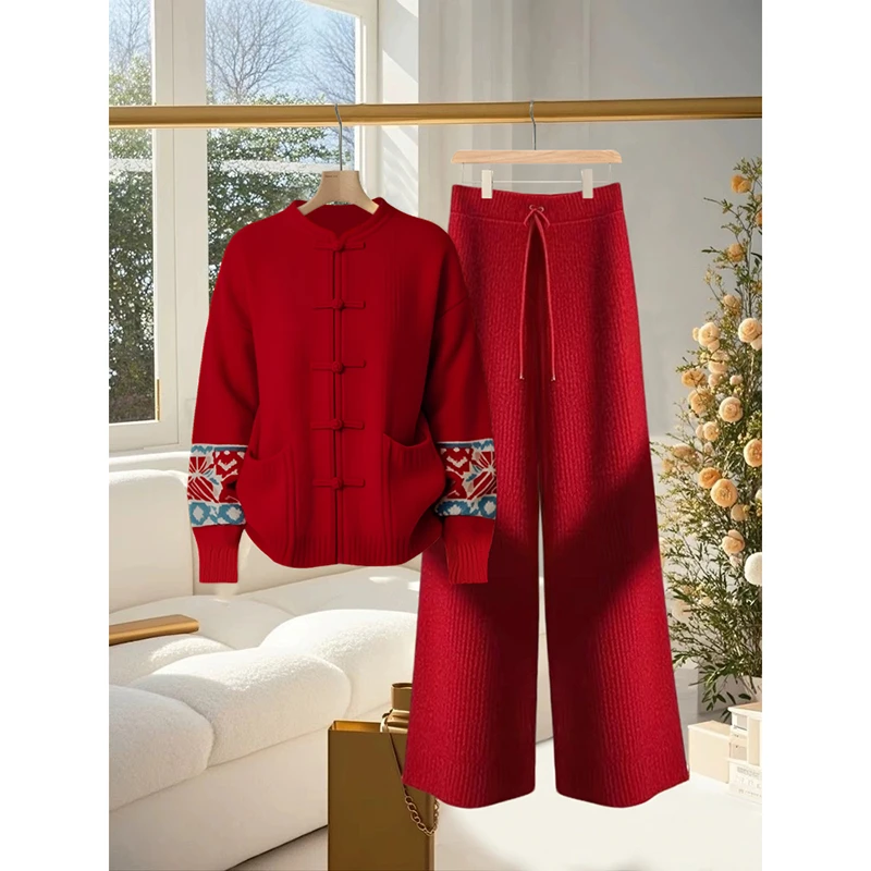 2025新款新中式国风红色针织衫搭配高腰红色直筒阔腿裤两件套装女