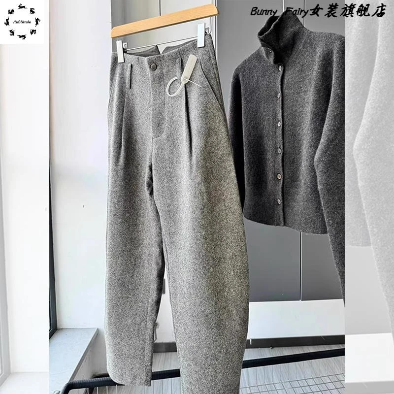 洋气女装高端大牌女装羊毛镰刀裤冬季小众别致独特保暖毛呢弯刀裤