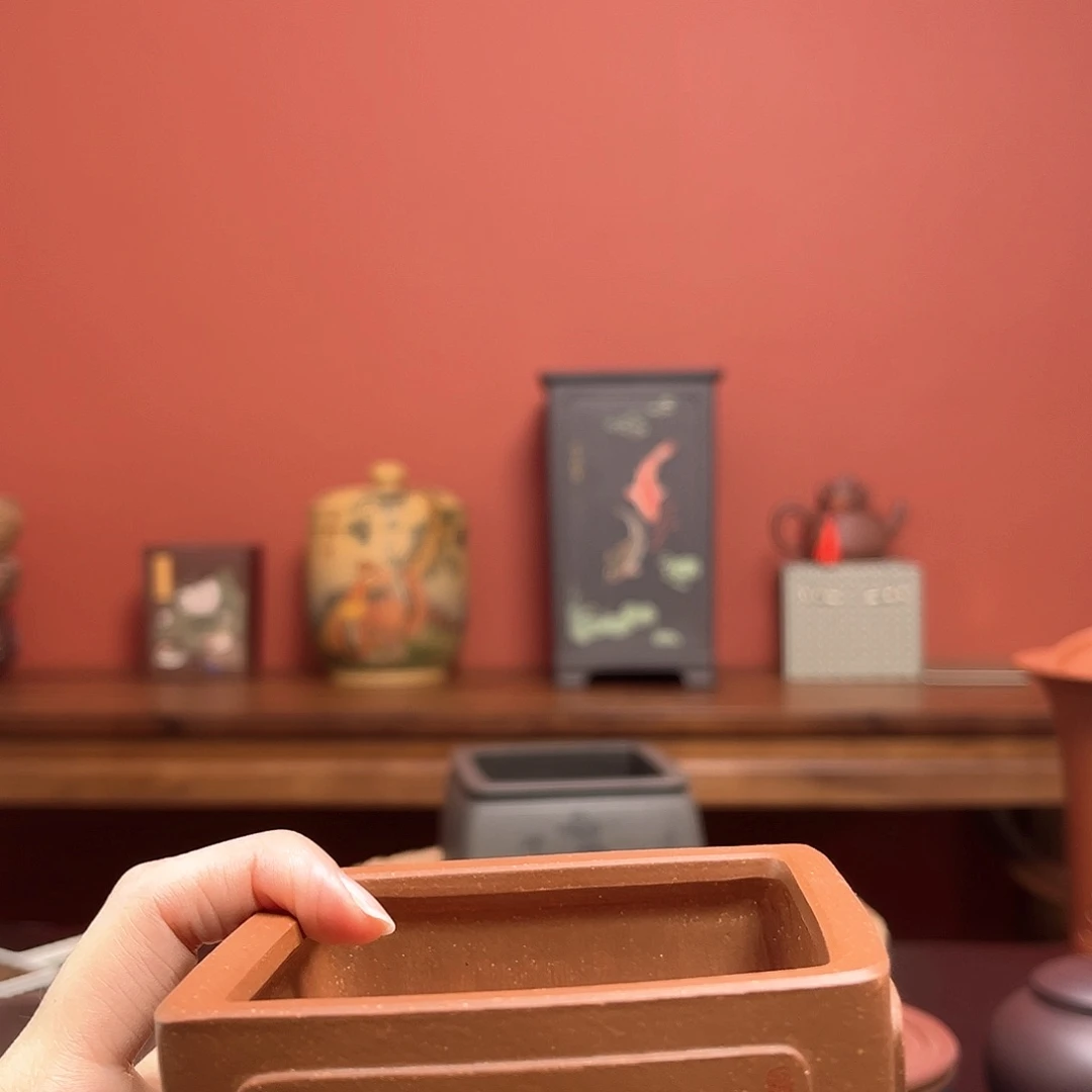 紫砂花盆四*豆清灰四方