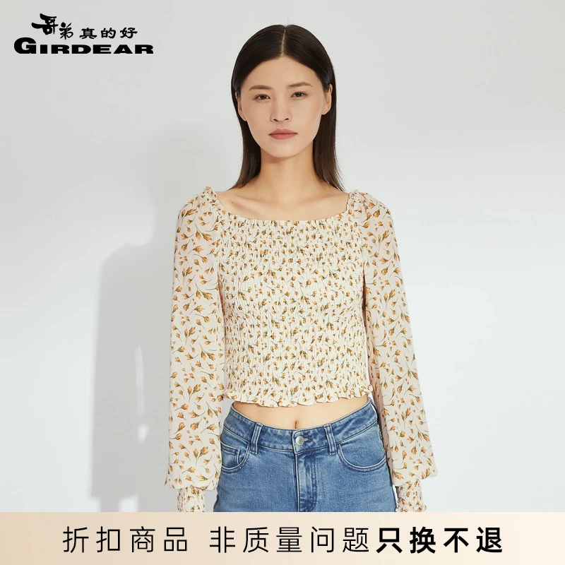 哥弟真的好碎花方领长袖短款衬衫上衣女A300961