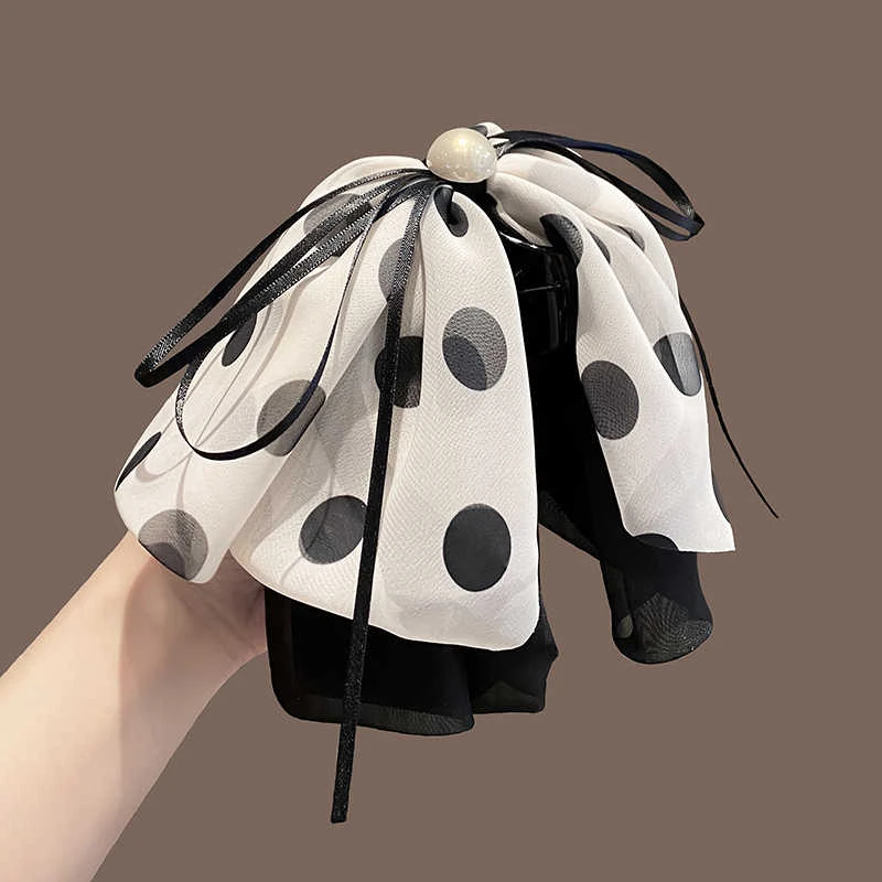 时尚韩版蝴蝶结飘带抓夹波点后脑勺半扎鲨鱼夹新款发夹甜美马尾夹