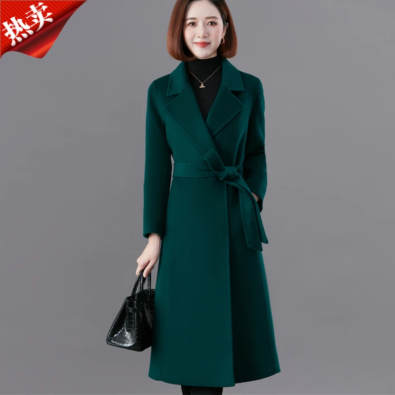 时尚品牌贵气墨绿色中长款西装领羊毛大衣冬大码双面呢外套