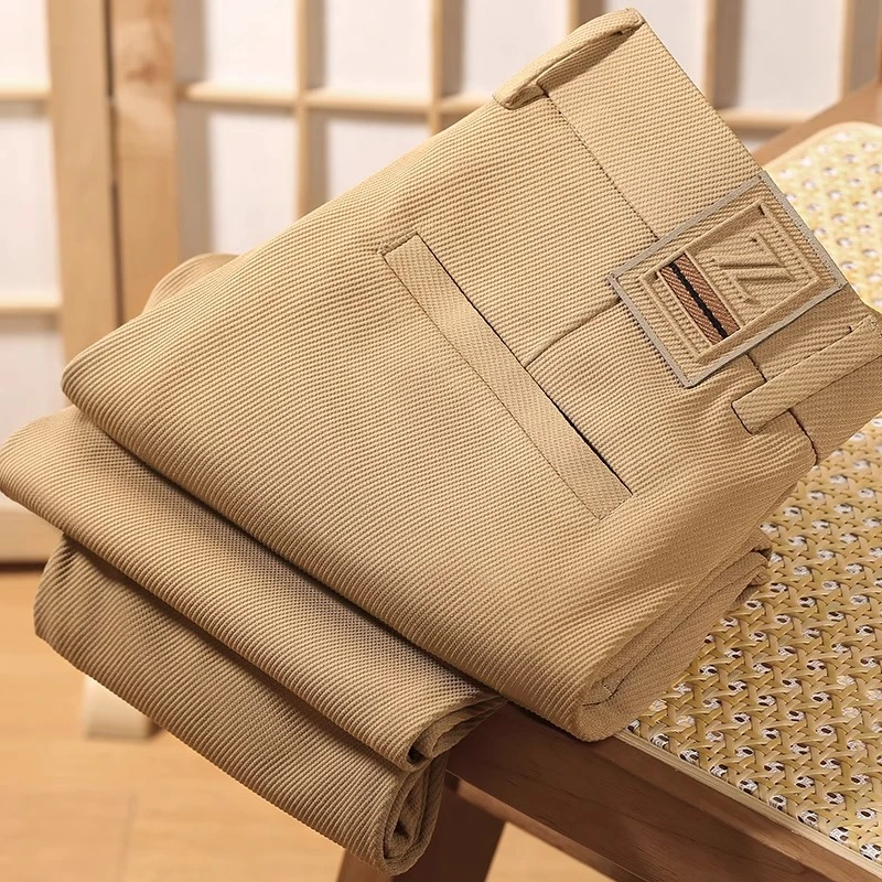 轻奢夏季薄款冰感弹力斜纹休闲裤男修身商务垂感凹凸印直筒西裤男