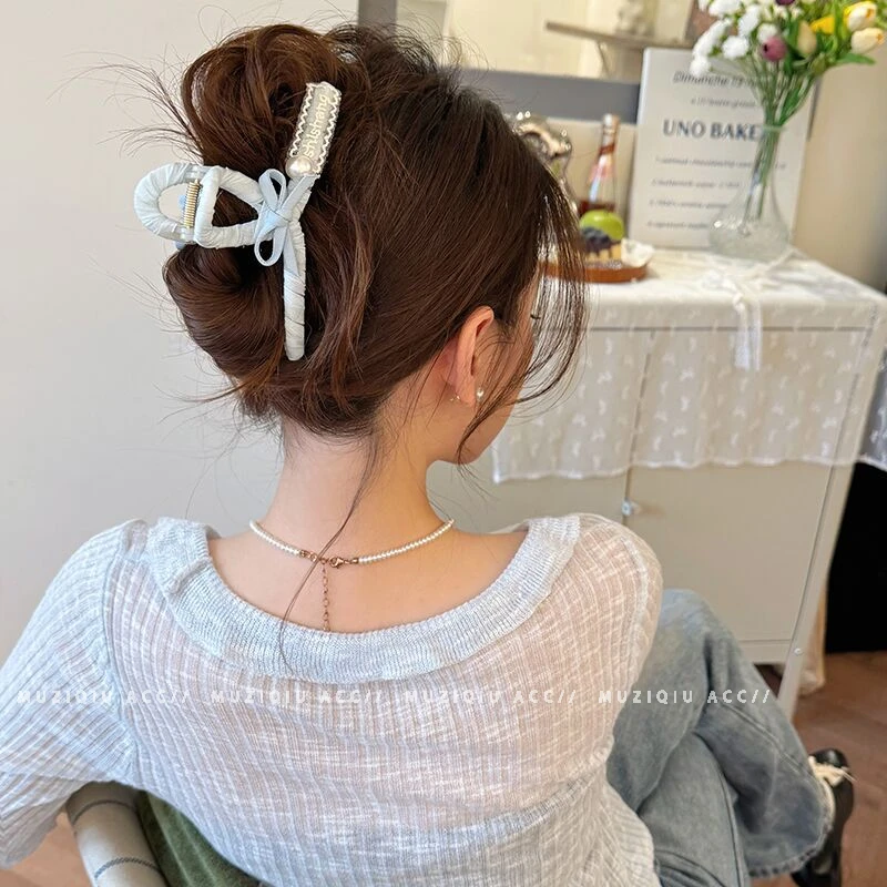 木子秋韩版清新蝴蝶结珠珠盘发抓夹高级感气质时尚温柔简约搭发夹