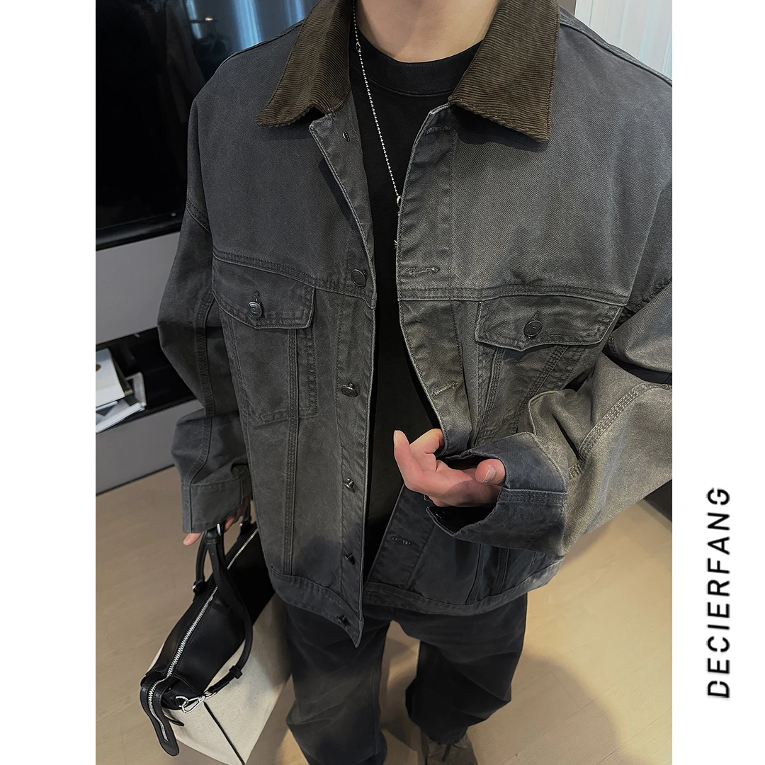 【HAIDAN】秋季美式复古纯棉翻领牛仔外套潮牌宽松百搭水洗工装夹克