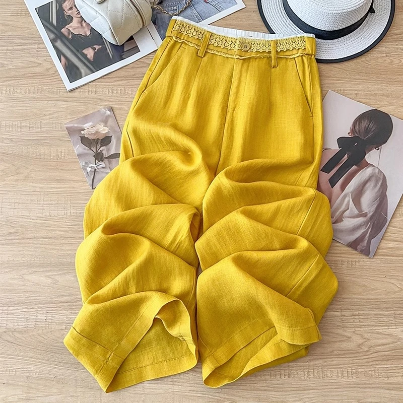 天丝亚麻阔腿裤女夏季薄款2025新款休闲宽松垂感蕾丝拼接直筒裤子