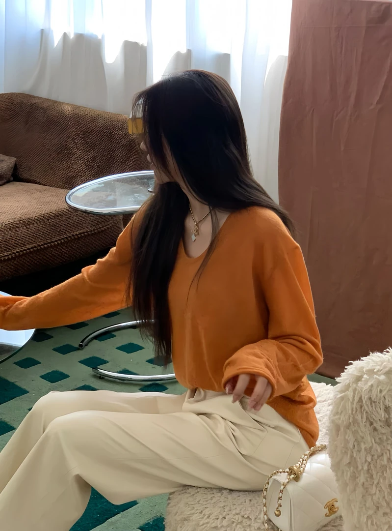 NINGLYNN STUDIO 法式复古橙色V领针织衫女 360291