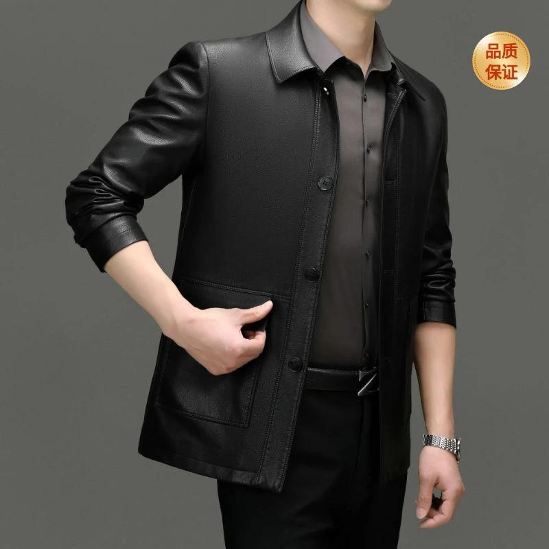 高档男士休闲穿搭山羊皮真皮爸爸中年中长款秋冬时尚翻领-8118