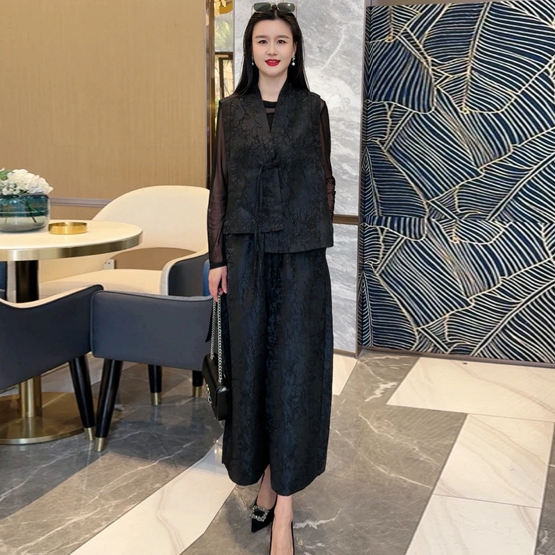 731欧货春夏新款真丝提花国风马甲+高腰阔腿裤宽松大码两件套装