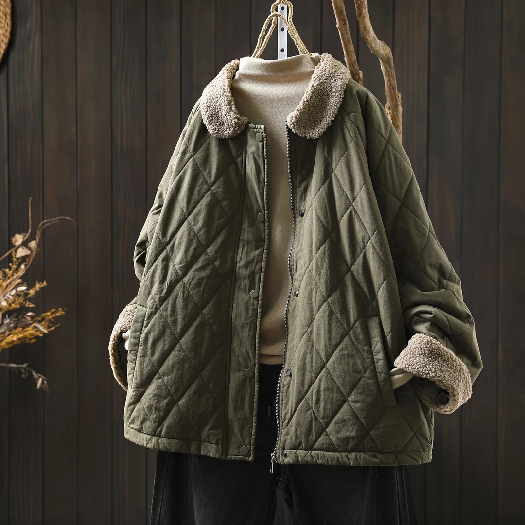 超好看夹棉棉服女2025初冬季新款复古菱格文艺时尚百搭宽松薄棉袄