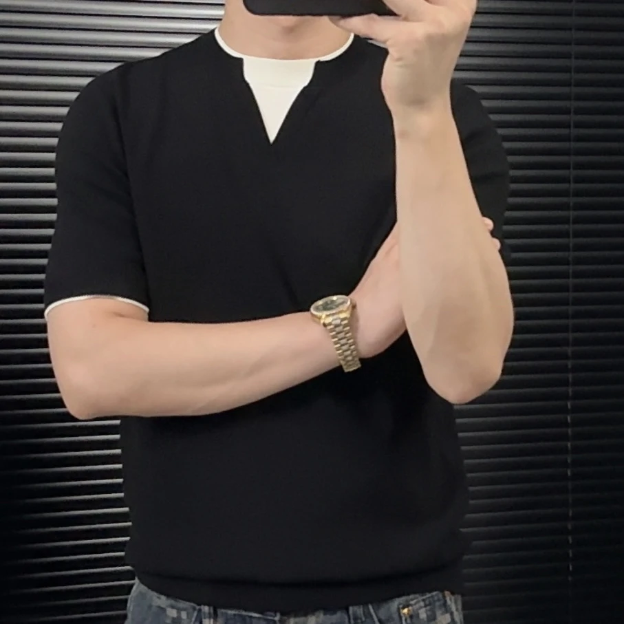 夏季修身男装基础大众青年短袖T恤半袖撞色V领春夏男士针织时尚