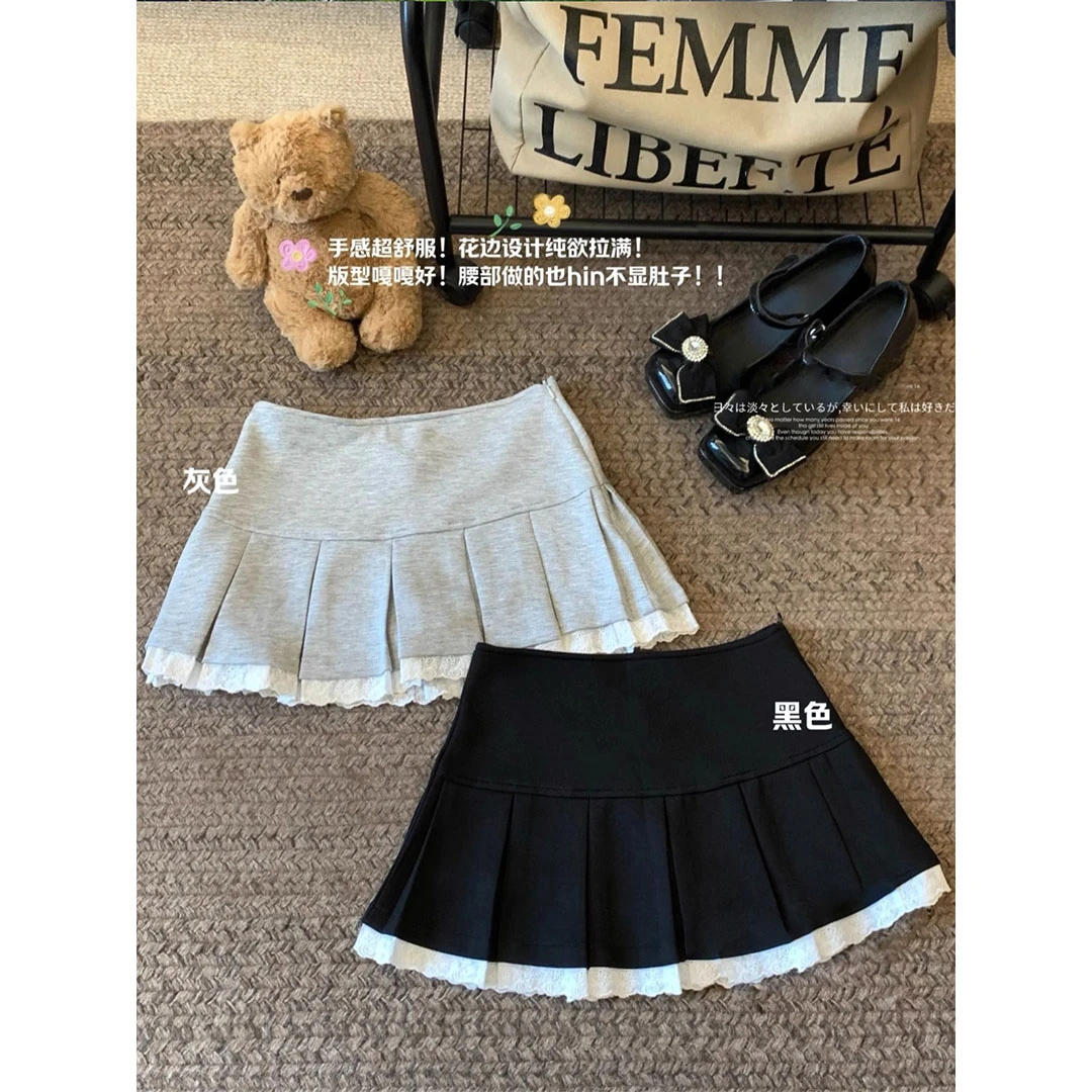 FOPJ早春新款辣妹灰色蕾丝百褶裙半身裙运动百搭防走光纯欲风短裙