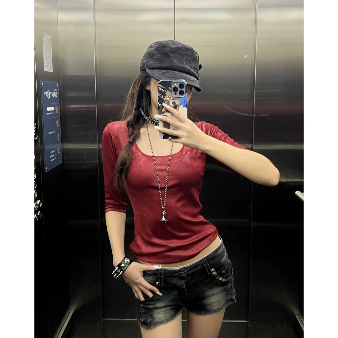 夏季原创蜡染针织设计感U型领纯色复古红修身显瘦正肩中袖T恤上衣