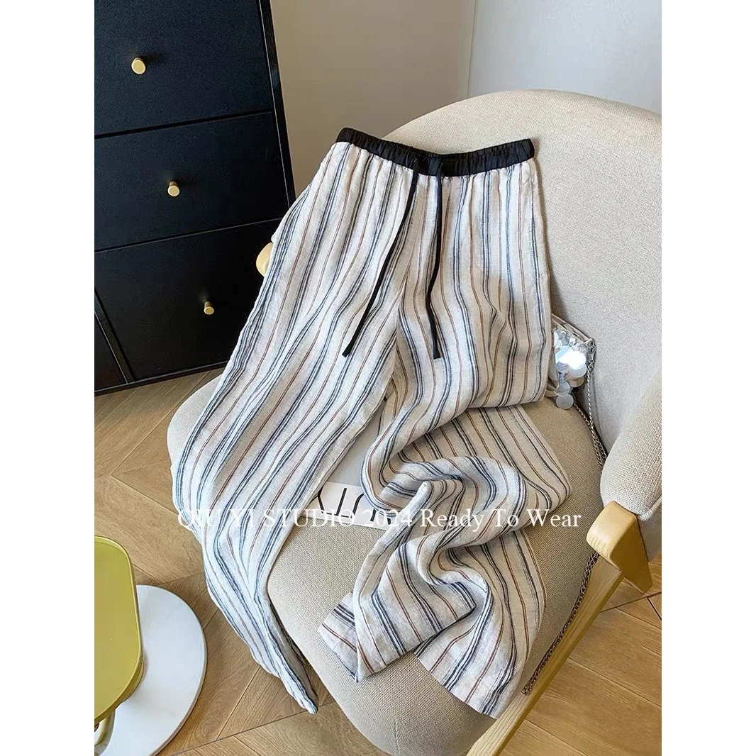 拉夏贝尔慵懒风休闲裤女夏季2025新款松紧腰度假风个性遮胯阔腿裤