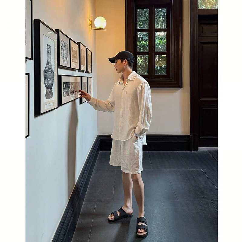 夏季松弛感老钱风慵懒亚麻长袖衬衫套装休闲宽松高级感翻领衬衣男
