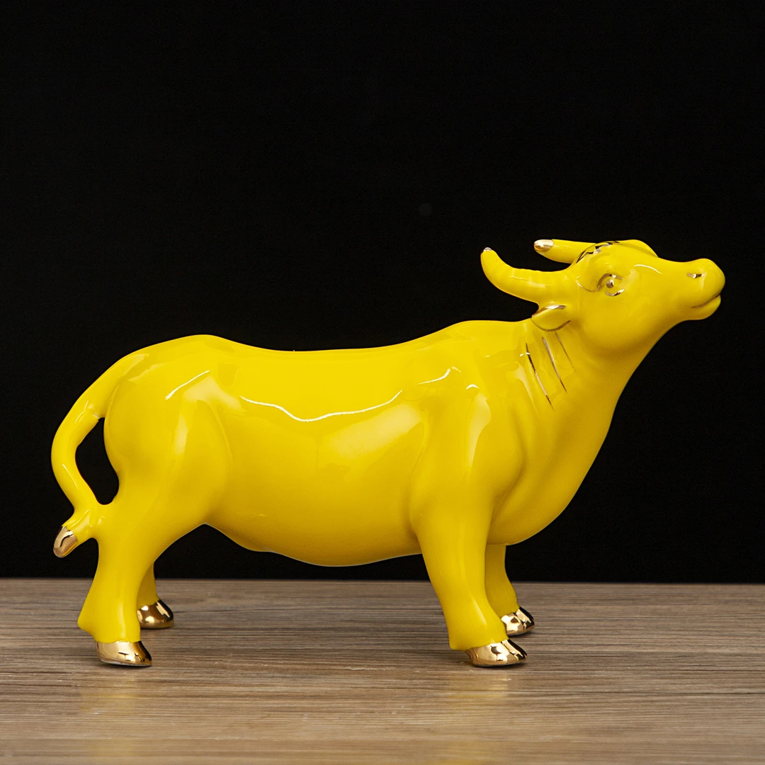 黄色陶瓷牛摆件礼品适合玄关客厅办公室乔迁招财风水吉祥物