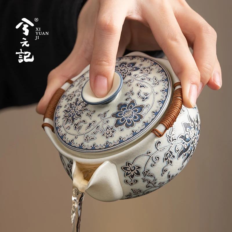 青花缠枝莲手抓壶盖碗茶杯单个高档茶壶茶碗泡茶器具功夫茶具