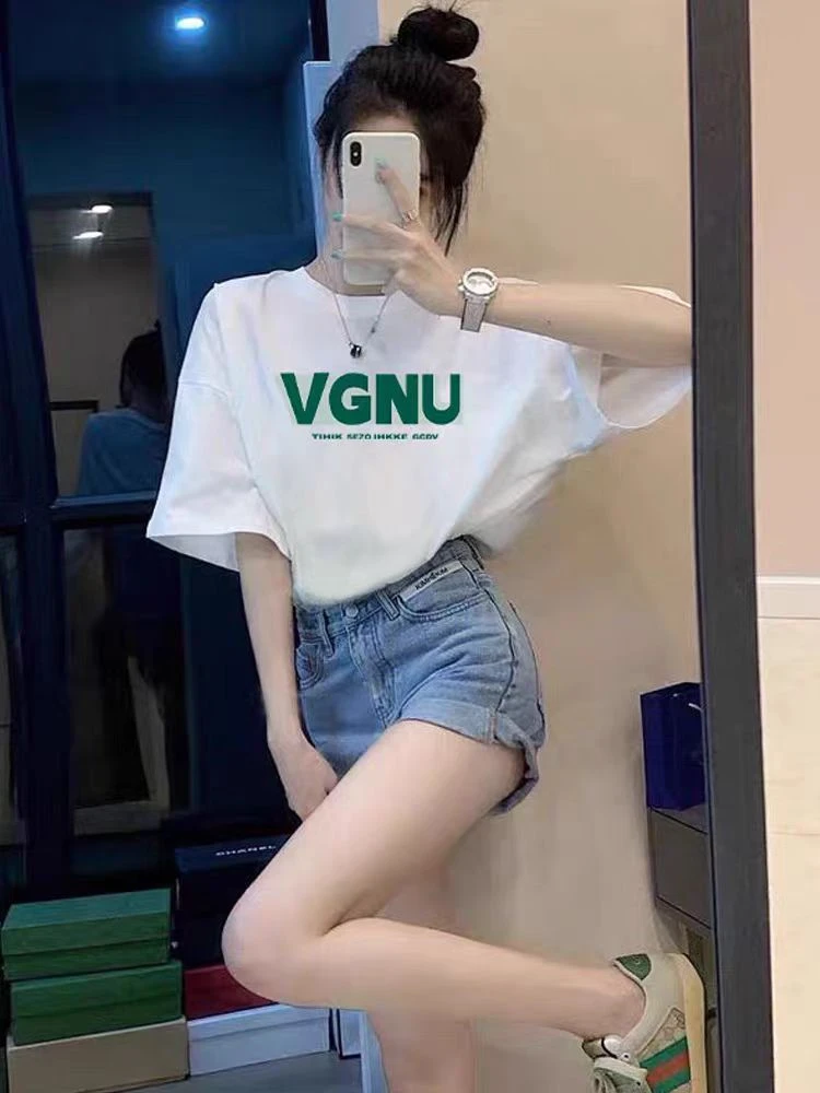 ②夏季新款韩版女装烫钻T恤宽松圆领短袖ins时尚百搭上衣显瘦T恤