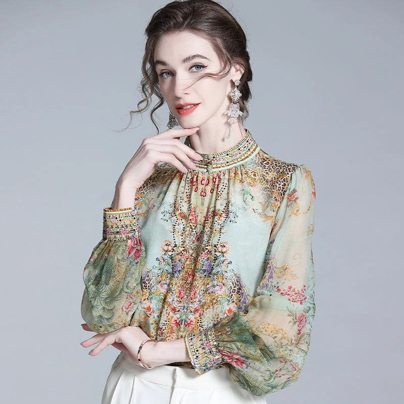 真丝衬衫女春2025新款大牌轻奢高级感复古印花桑蚕丝气质立领上衣