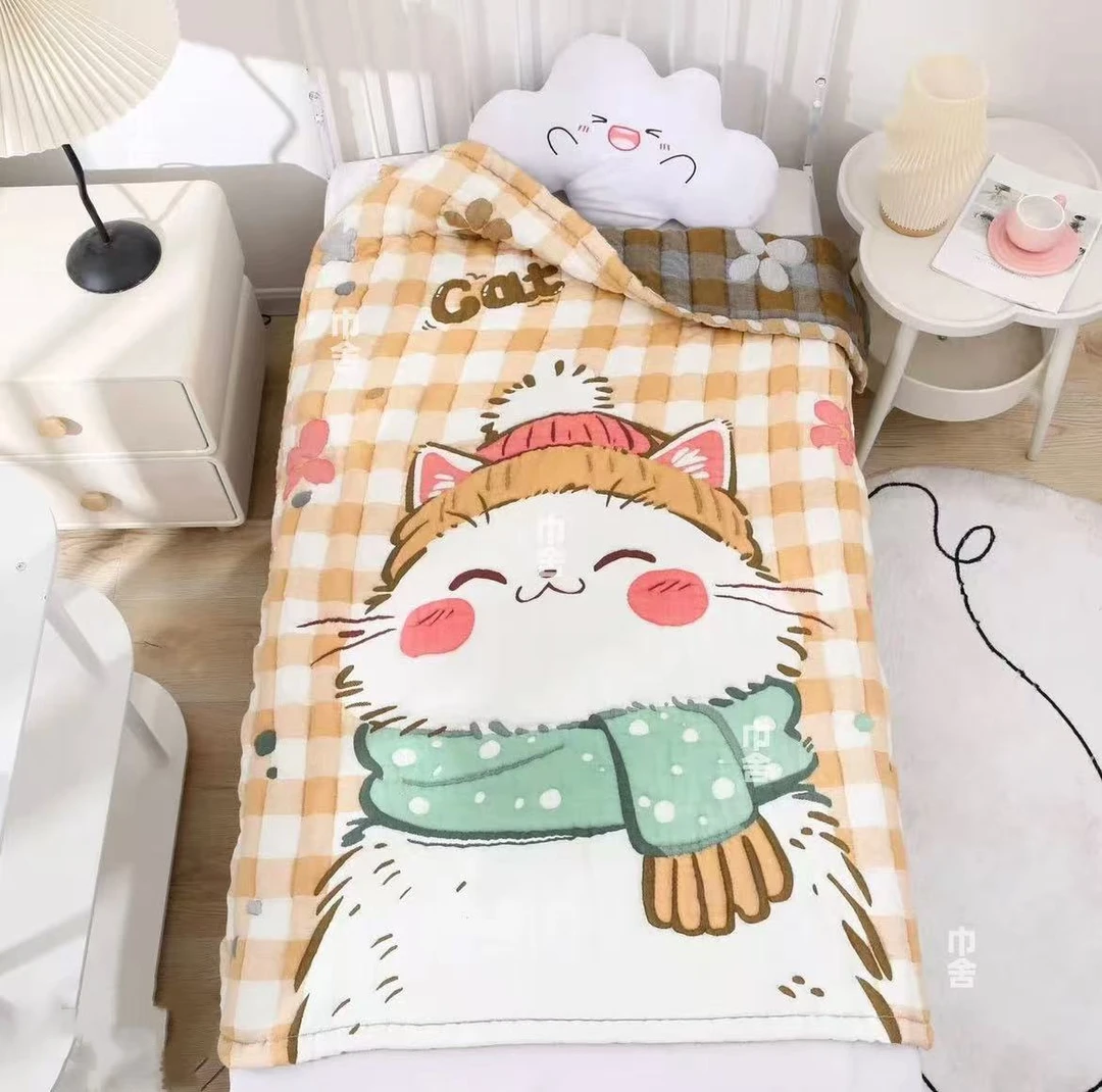 【围巾猫】120*150cm 新疆棉A类 柔软亲肤卡通泡芙被 D